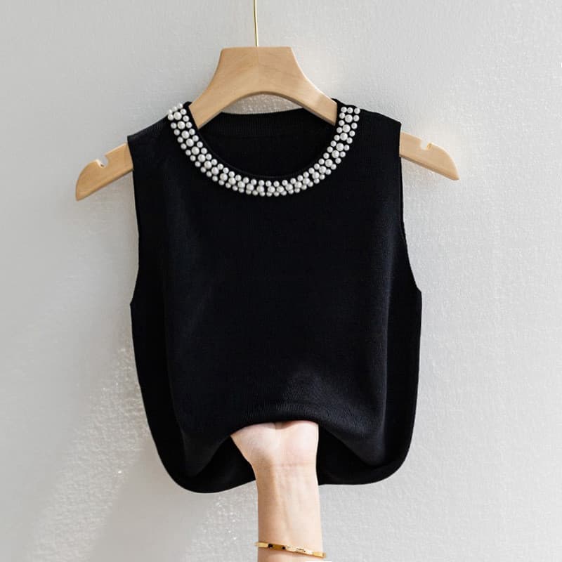Camisa de malha feminina Camisole Bottoming Camisa de malha com contas Top