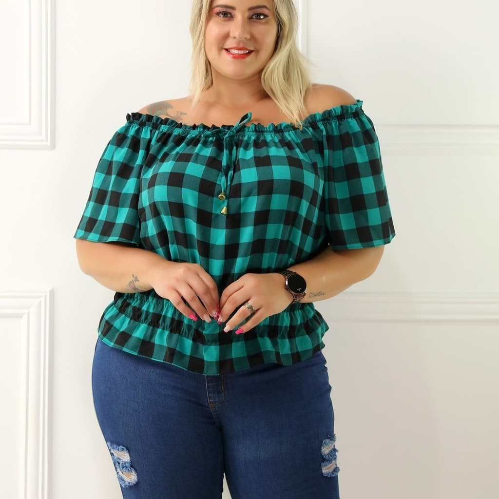 Cropped Blusa Elastex Cganinha Ombro A Ombro Plus Size feminino Xadrez/COD:BX22