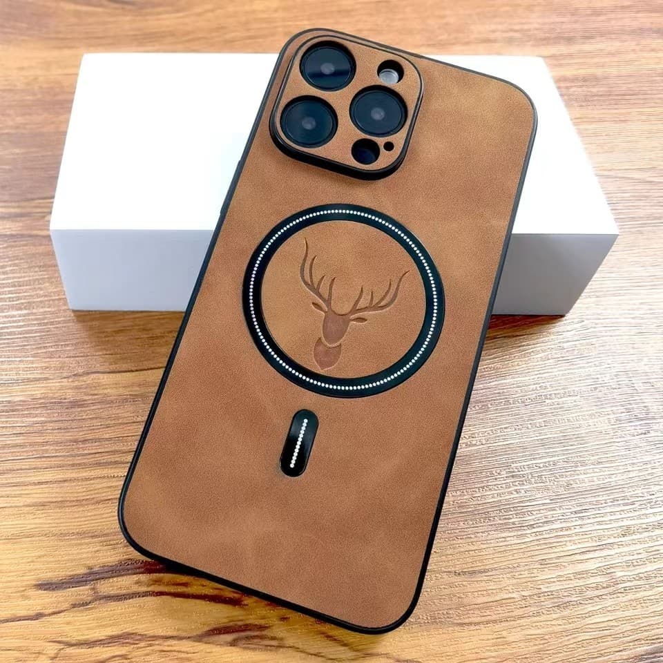 Capa Luxuosa De Couro PU Magnética De Pele De Veado Para iPhone 16 11 12 13 14 15 Pro Max Carregamento Sem Fio Magsafe