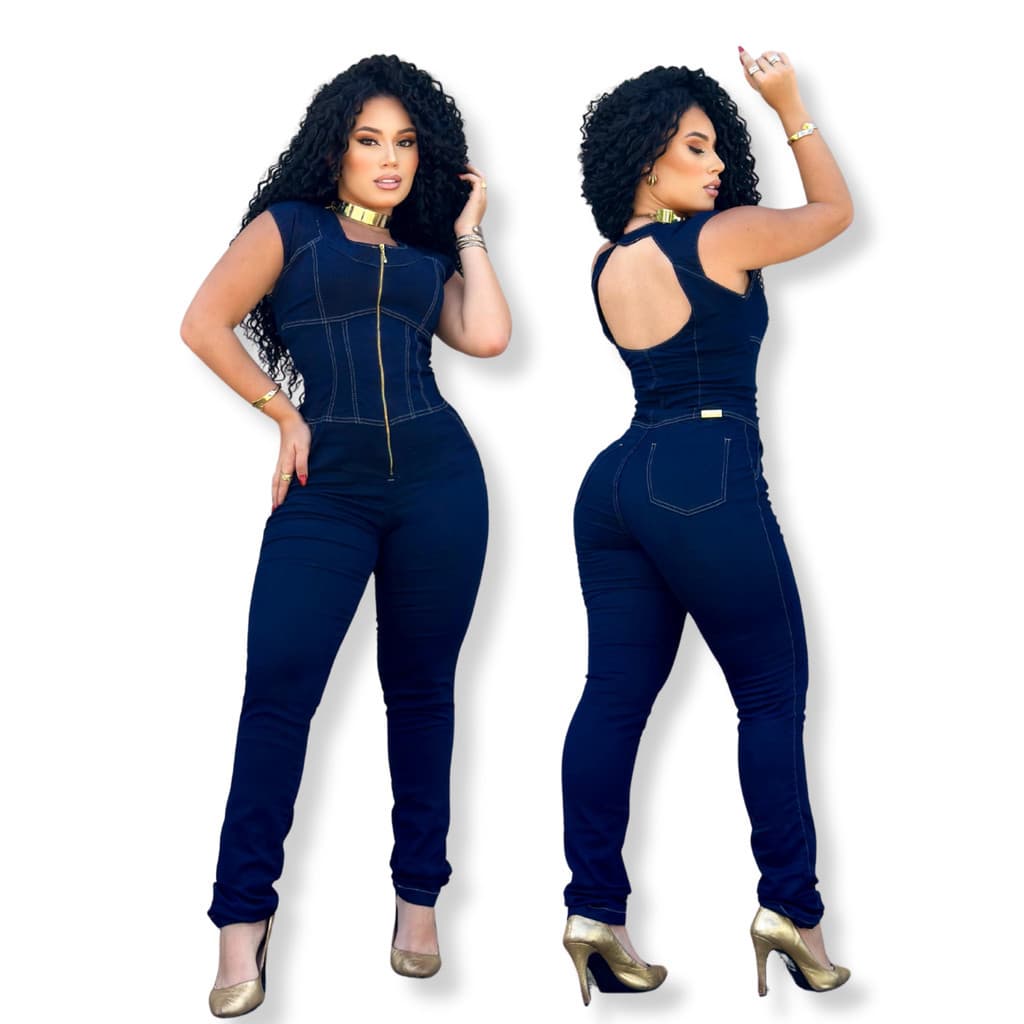 Macacão Longo Jeans Feminino com Lycra Premium Escuro