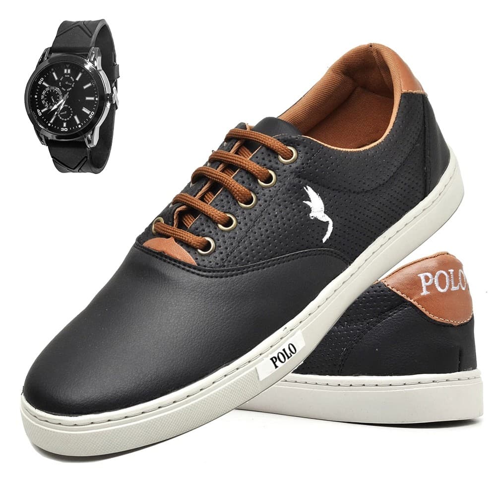 Sapatênis Masculino Casua Polo Blul Leve em Sintético com Relógio Analógico do 37 ao 46