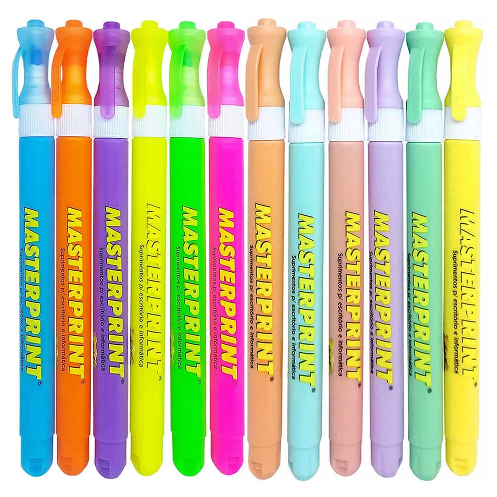 Caneta Marca Texto Kit com 12 Cores (6 Neon + 6 Tom Pastel) Masterprint Slim Ponta Chanfrada