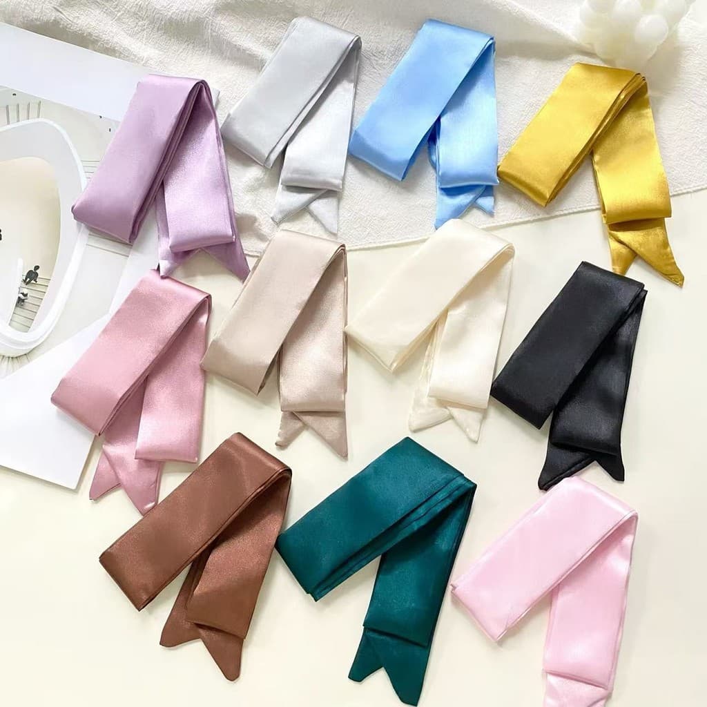 Versão Coreana INS Lenço de Seda Longo e Fino de Cor Sólida Laço Elegante de Cetim Laço de Cabelo Fita Versátil Pequeno