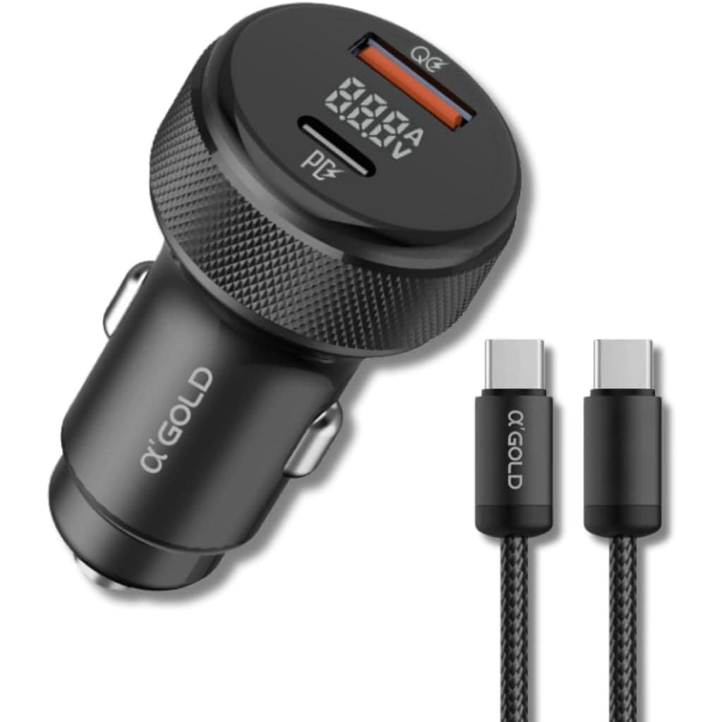 Carregador Veicular Turbo Dual Port 60W Com Carregamento Rápido USB 3.0 + Tipo C Premium Com Cabo Tipo-C/USB-C
