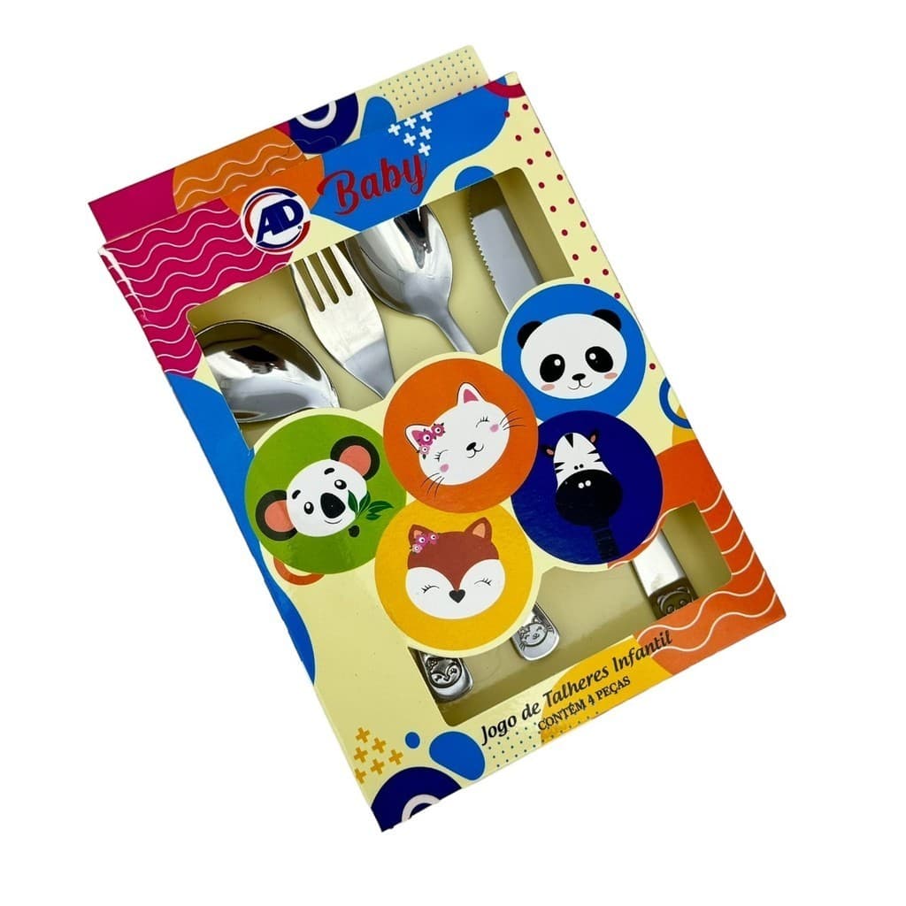 Kit Talheres Infantil Bebê 4 Peças em Aço Inox Bichinhos