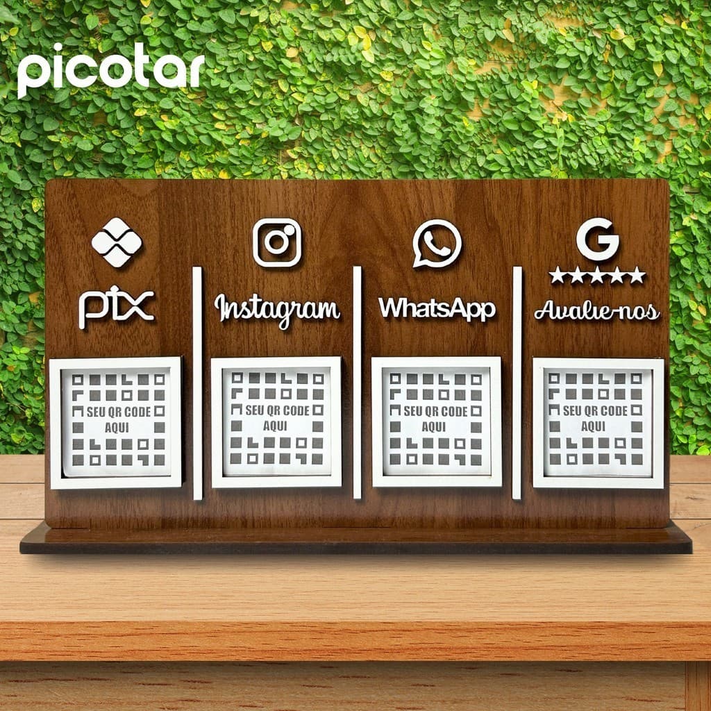 Placa 4 QR Code Pix Instagram Whatsapp Google Avaliação De Madeira, Display