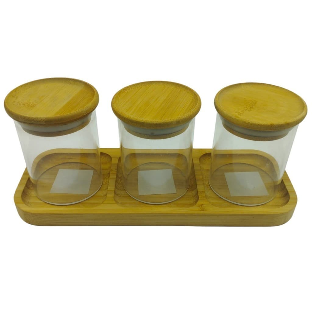 Kit 3 Potes Mantimentos 200ml + Petisqueira Retangular Bambu