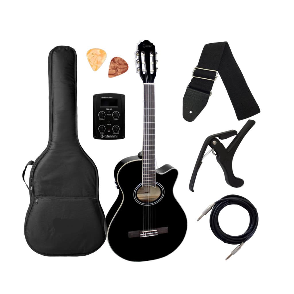 Violão Giannini Eletrico Nylon GNF-1D BK Preto Brilhante Braço Fino + Acessórios
