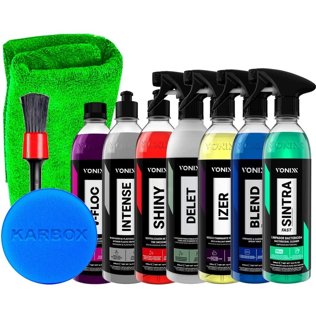 Kit Completo para Estética Automotiva Vonixx Shampoo V-Floc Cera Blend Izer Sintra Delet Shiny Intense Pincel Detalhamen