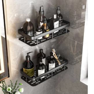Kit 2 Suportes De Shampoo Prateleira Organizadora Retangular Prateleiras De Banheiro Luxo Sem Furo Premium Preto 30x13x5cm Adesivo Transparente