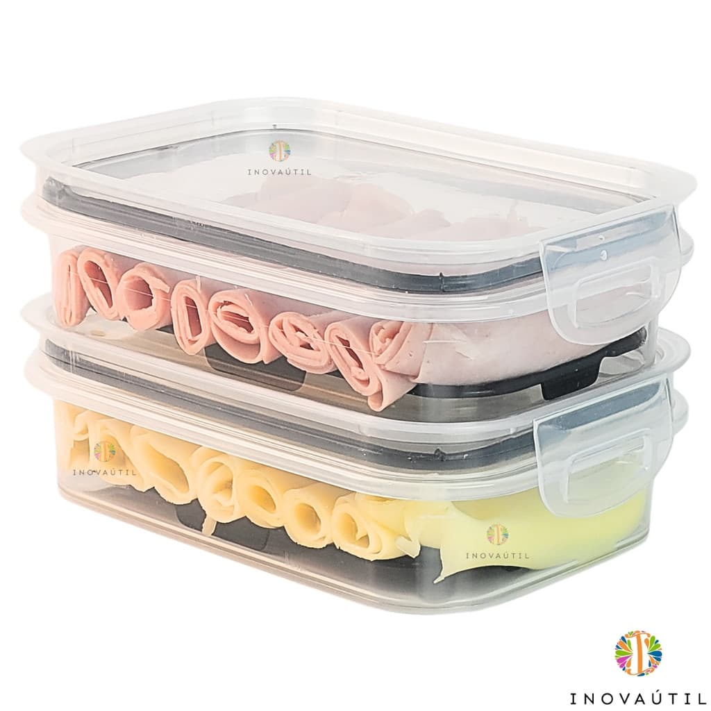 Porta Frios Com Tela Escorredor Kit 2 Peças Tampa Com Vedação Hermético Queijo Presunto Mortadela