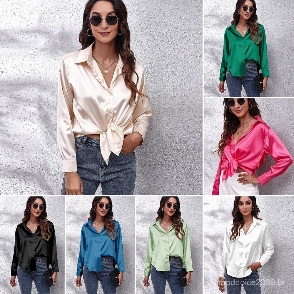 Camisa De Manga Comprida De Cetim Simulação De Seda Novo Estilo Feminino