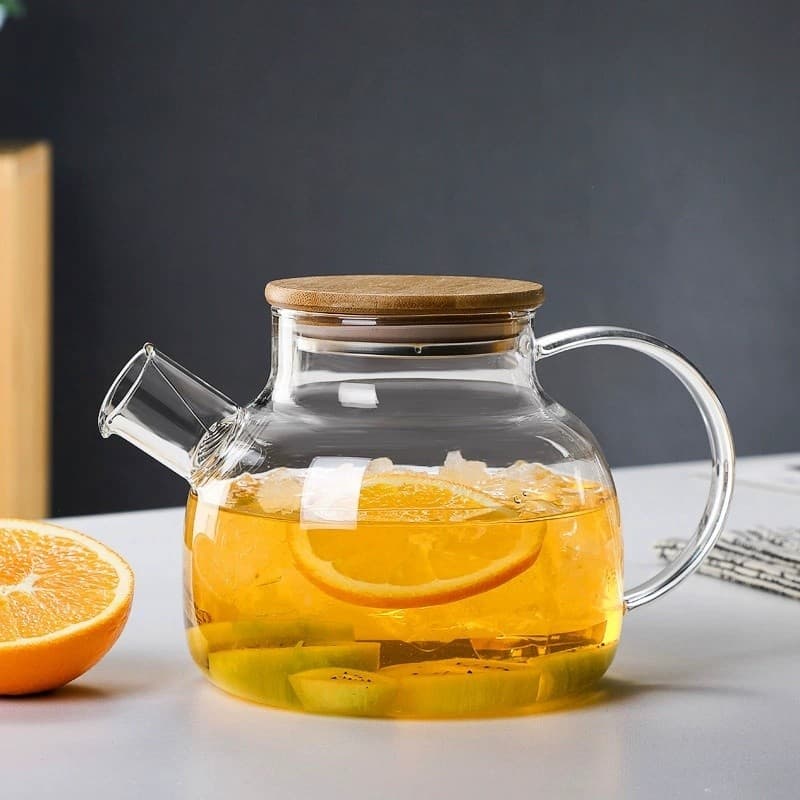 Chaleira de Vidro Tampa de Bambu Jarra Bule infusor Resistente a Calor Borossilicato 1.5L