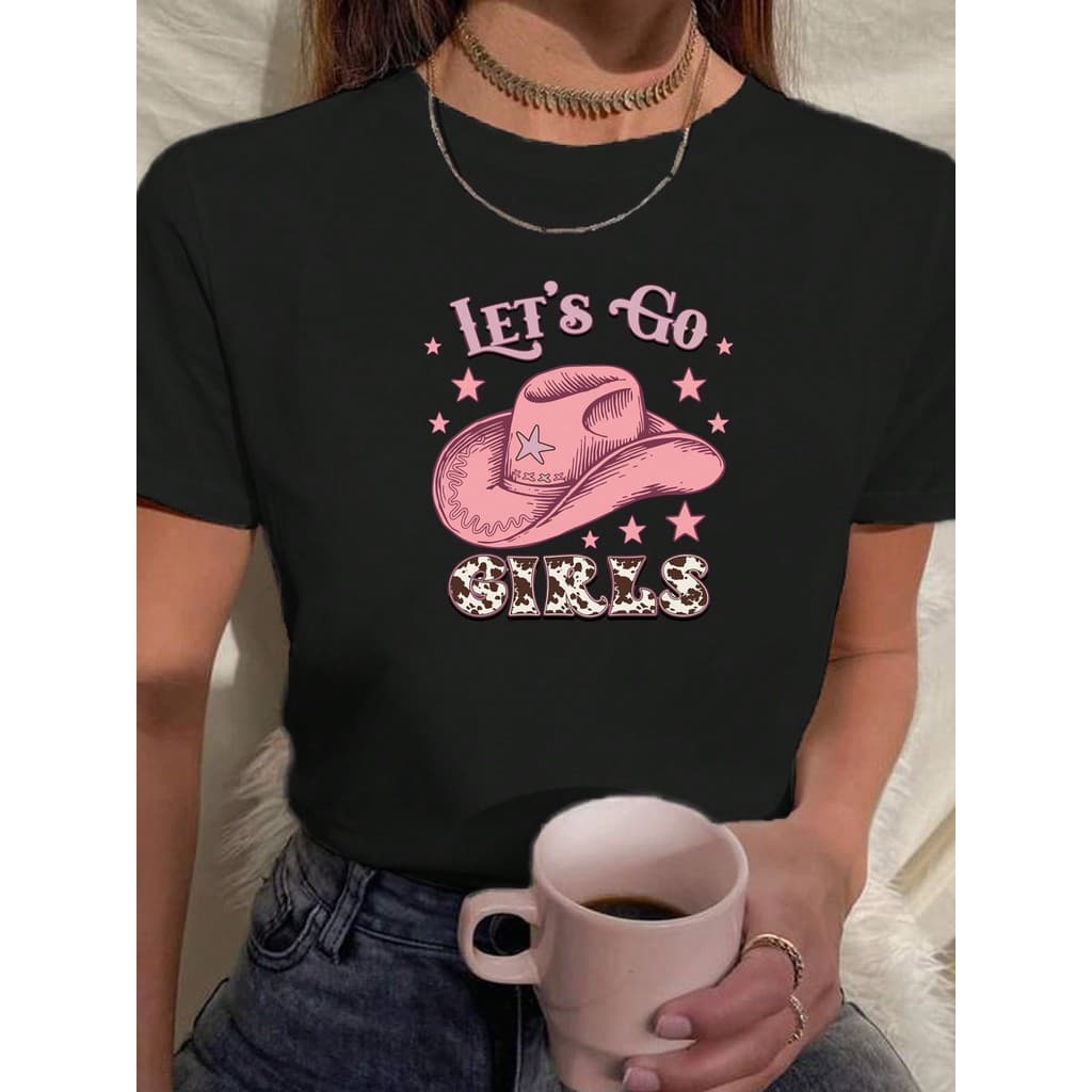 Camiseta Feminina Babylook T Shirt 100% Algodão Chapéu Rosa Country Cowgirl Lets Go Girls Vamos Lá