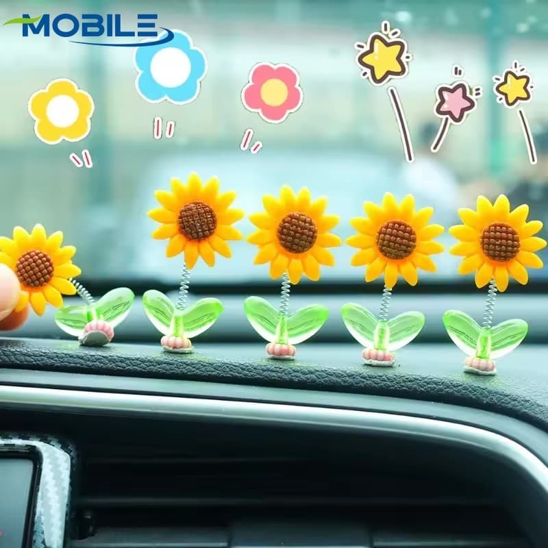 Ornamento De Carro De Decoração De Girassol-Acessórios De Resina De Cabeça De Agitação-Enfeites Balanço-Retrovisor De Co