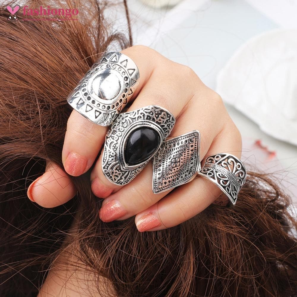 FASHIONGO 4 Pçs/Set Vintage Prata Cigano Boho Anel Étnico Oco Esculpido Gem Diamante Midi Knuckle Anéis Mulheres Jóias E