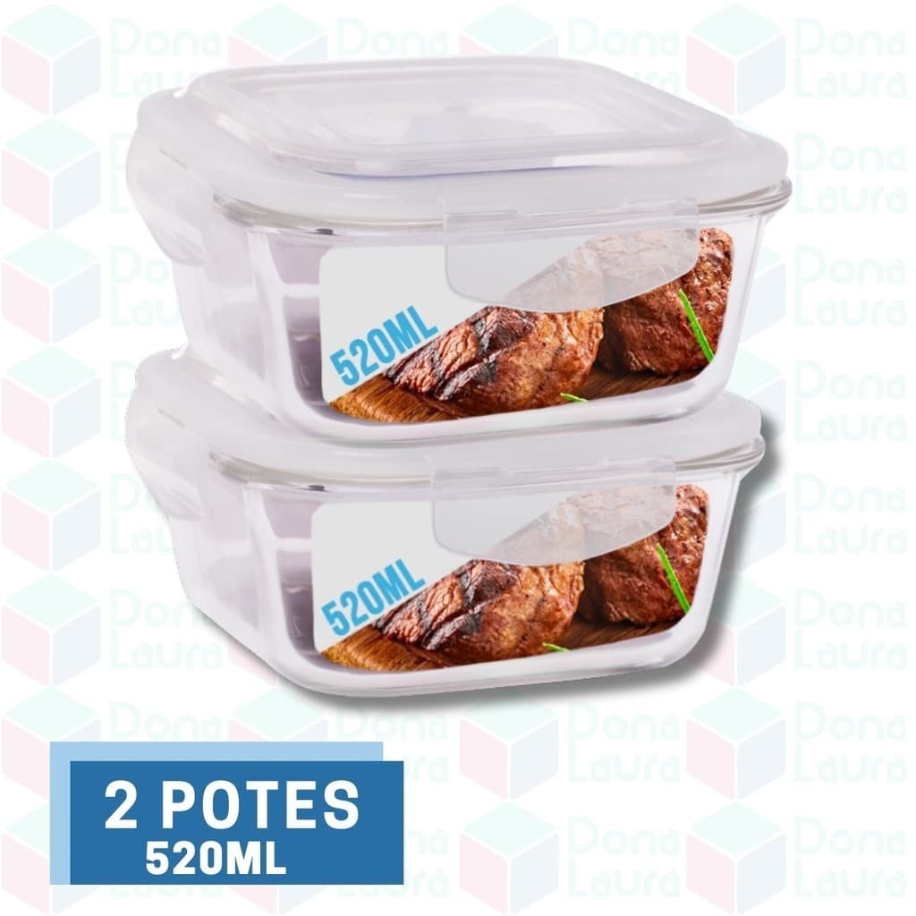 Conjunto 2 Potes de Vidro 520ml Hermético 4 Travas Marmita