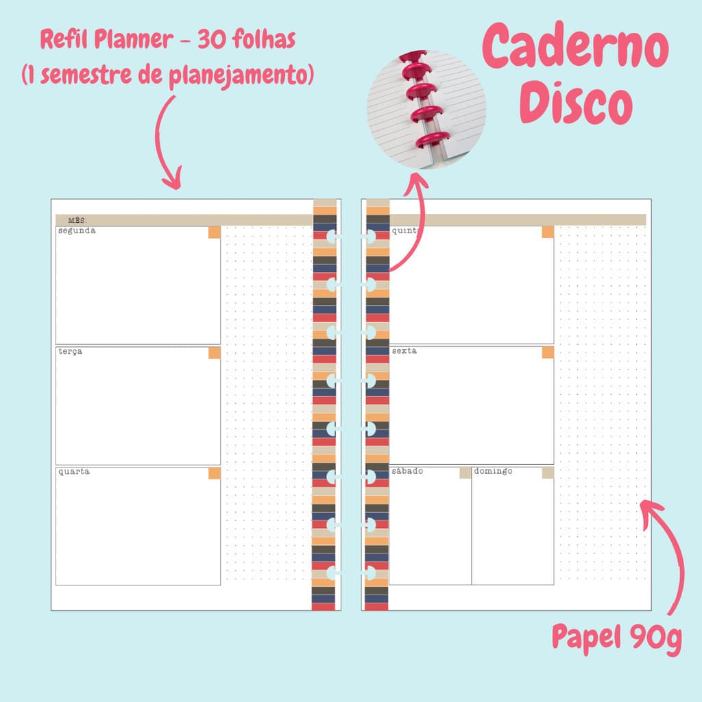 Refil Planner para Caderno de Disco (Caderno Inteligente) 30 folhas (Semestral) - Vintage