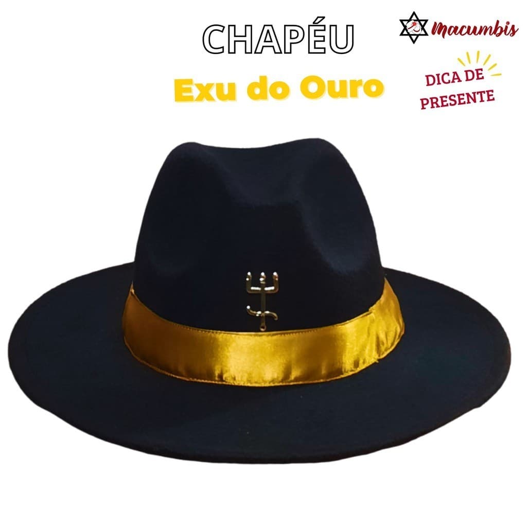 Chapeu Exu do Ouro Preto Faixa Dourada Tridente Dourado