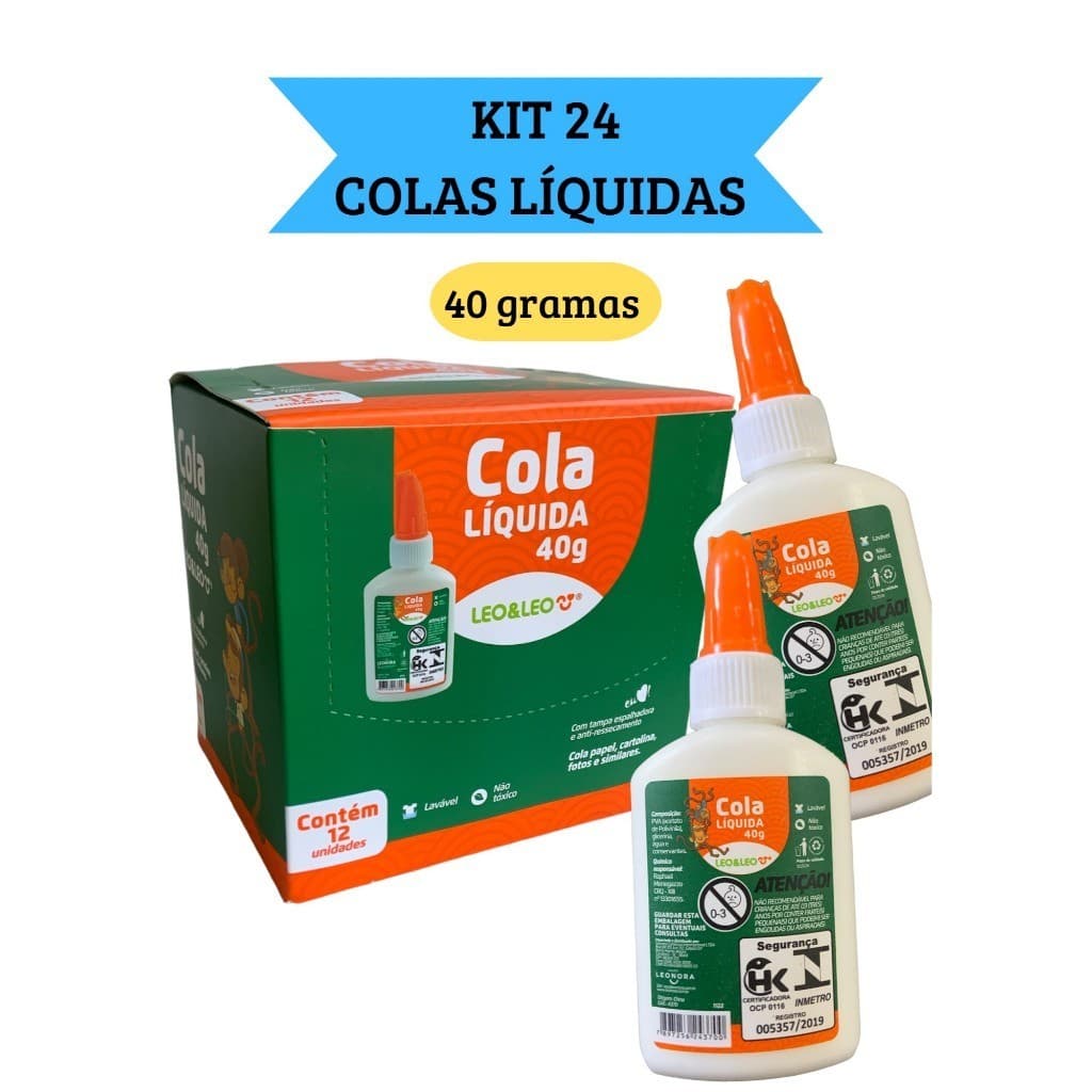 Kit 24 Cola Líquida Branca Escolar 40g com espátula Leo&Leo