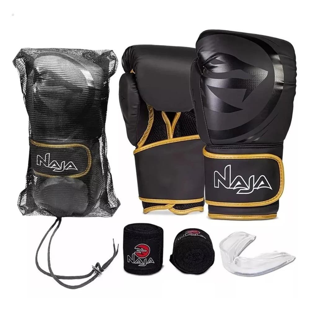 Kit Luva MuayThai e Boxe Naja + Bandagem + Protetor Bucal + Bolsa Preto/Dourado 12 OZ
