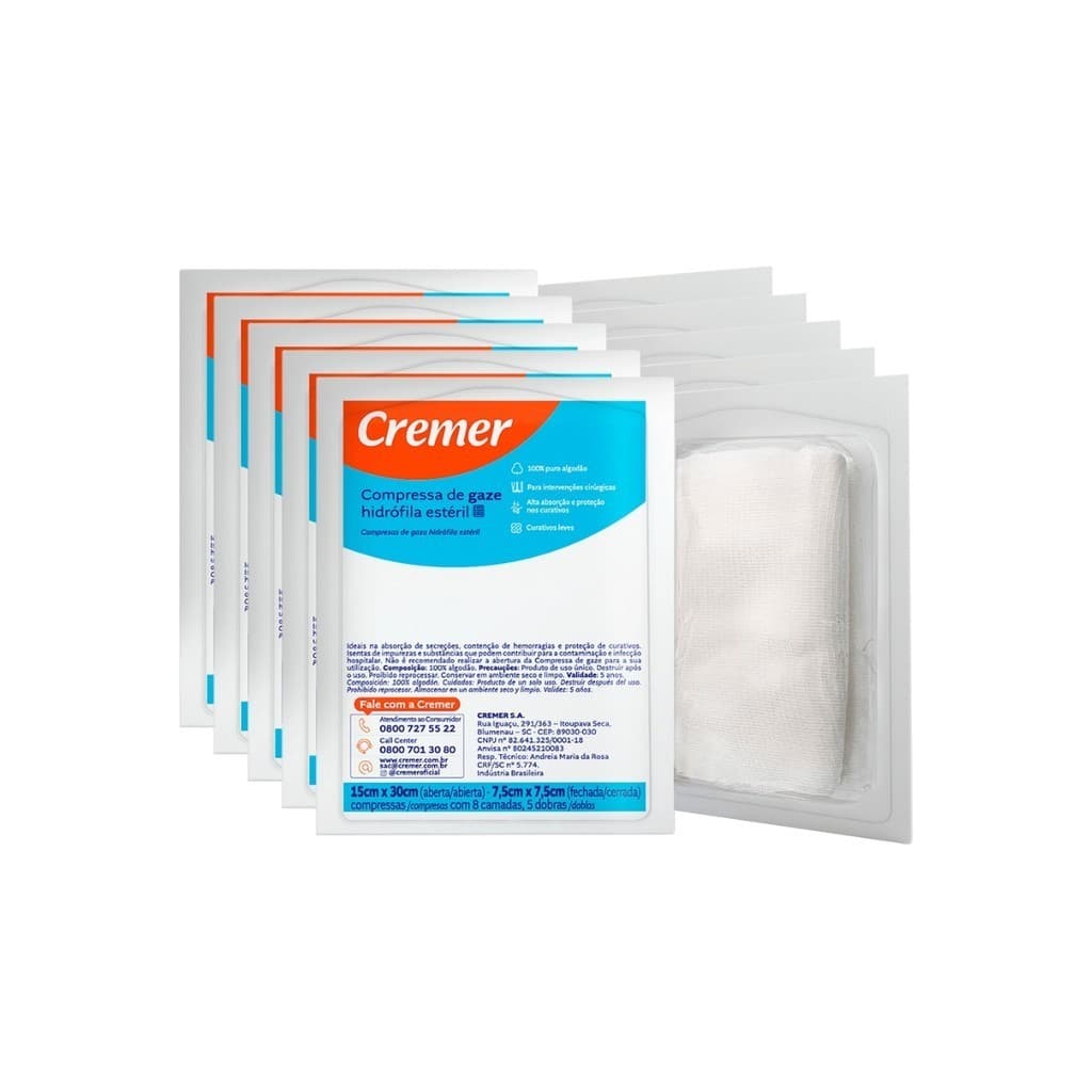 COMPRESSA DE GAZE 75 X 75 ESTÉRIL 13 FIOS (C/05 PCT)  - CREMER