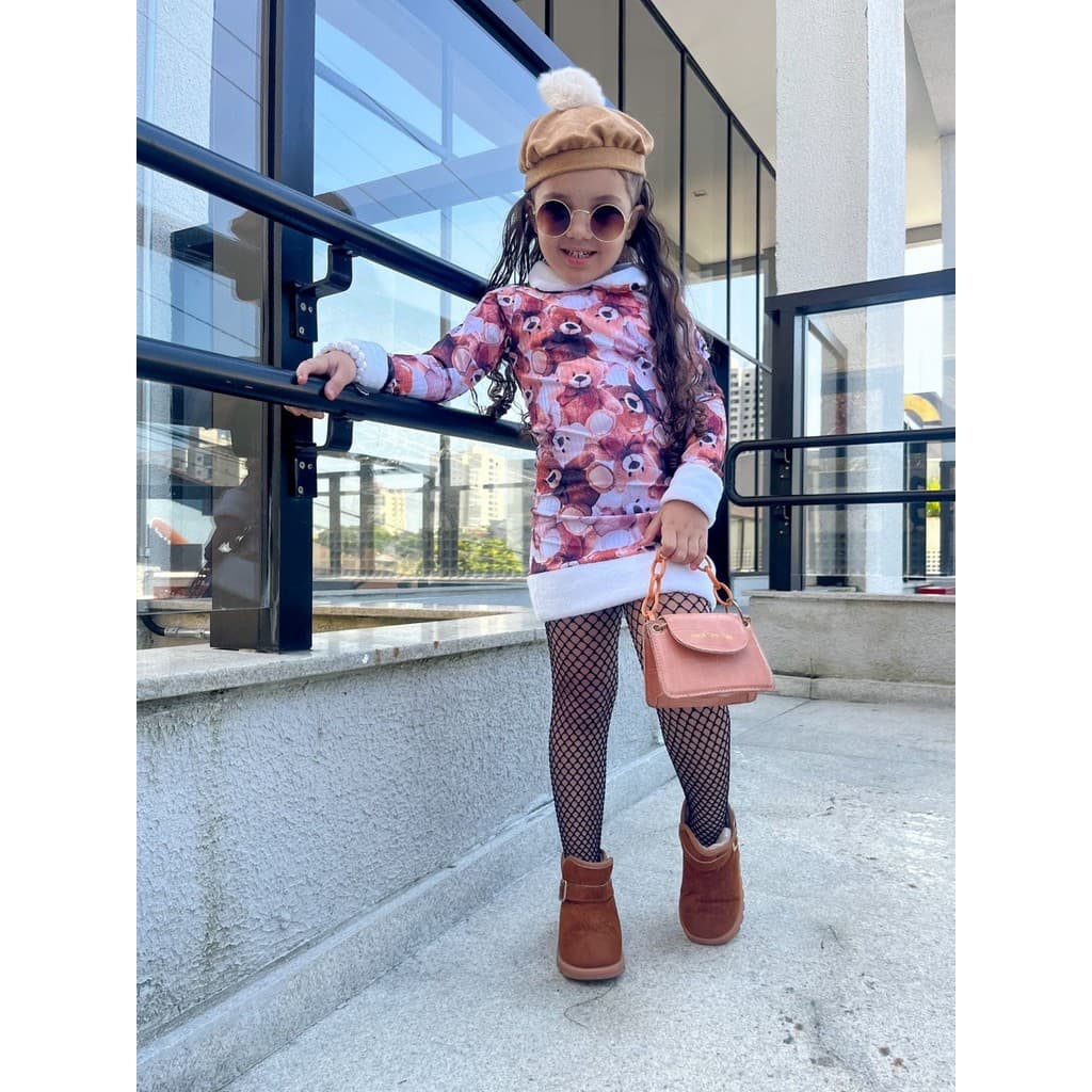 VESTIDO INFANTIL CURTO MANGA CUMPRIDA OUTONO INVERNO PELUCIA
