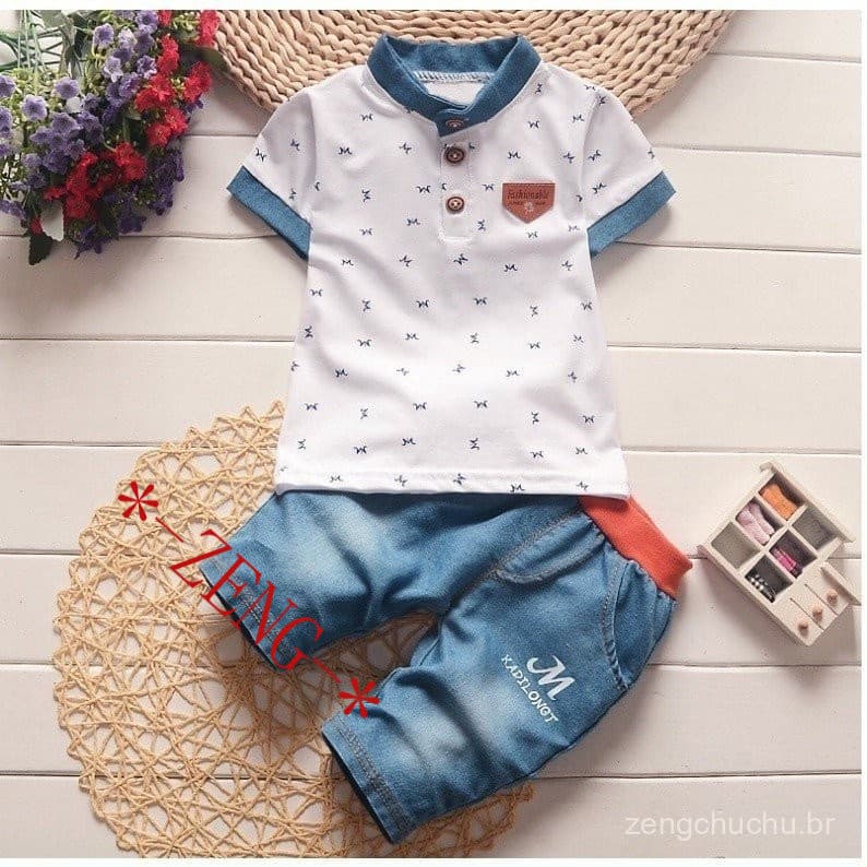 0-5 Anos Verão Novo Estilo Infantil Manga Curta Gola Estampada Completa Letras Camisa Pólo shorts Conjunto Duas Peças