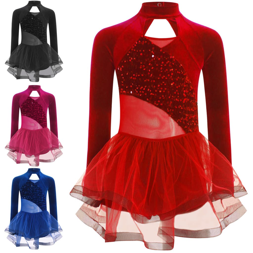 MSemis Kids Girls Sparkling Sequins Dance Dresses Mock Neck Long Sleeve Cutout Velvet Patchwork Tutu Dress
