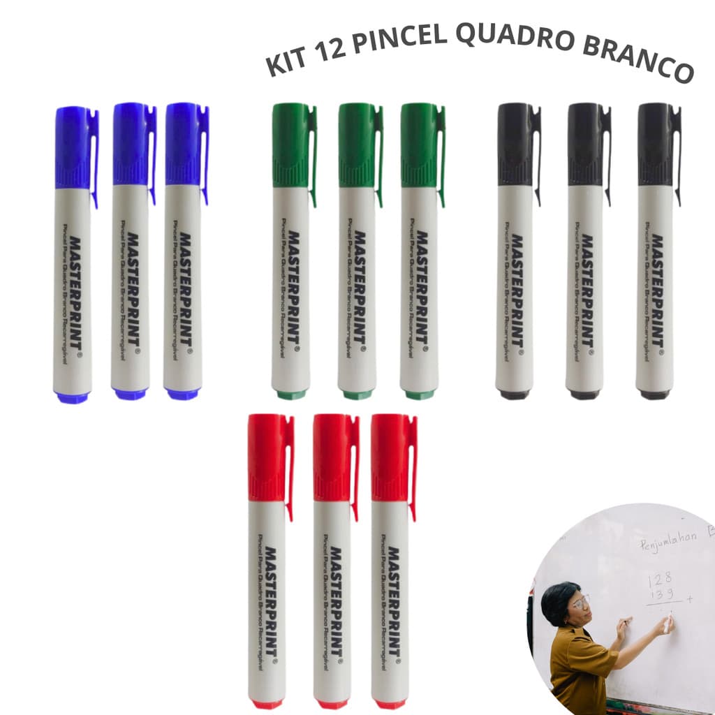 Kit 12 Pincel Quadro Branco Recarregável Nas Cores 3 Azul, 3 Vermelho, 3 Preto, 3 Verde Masteprint