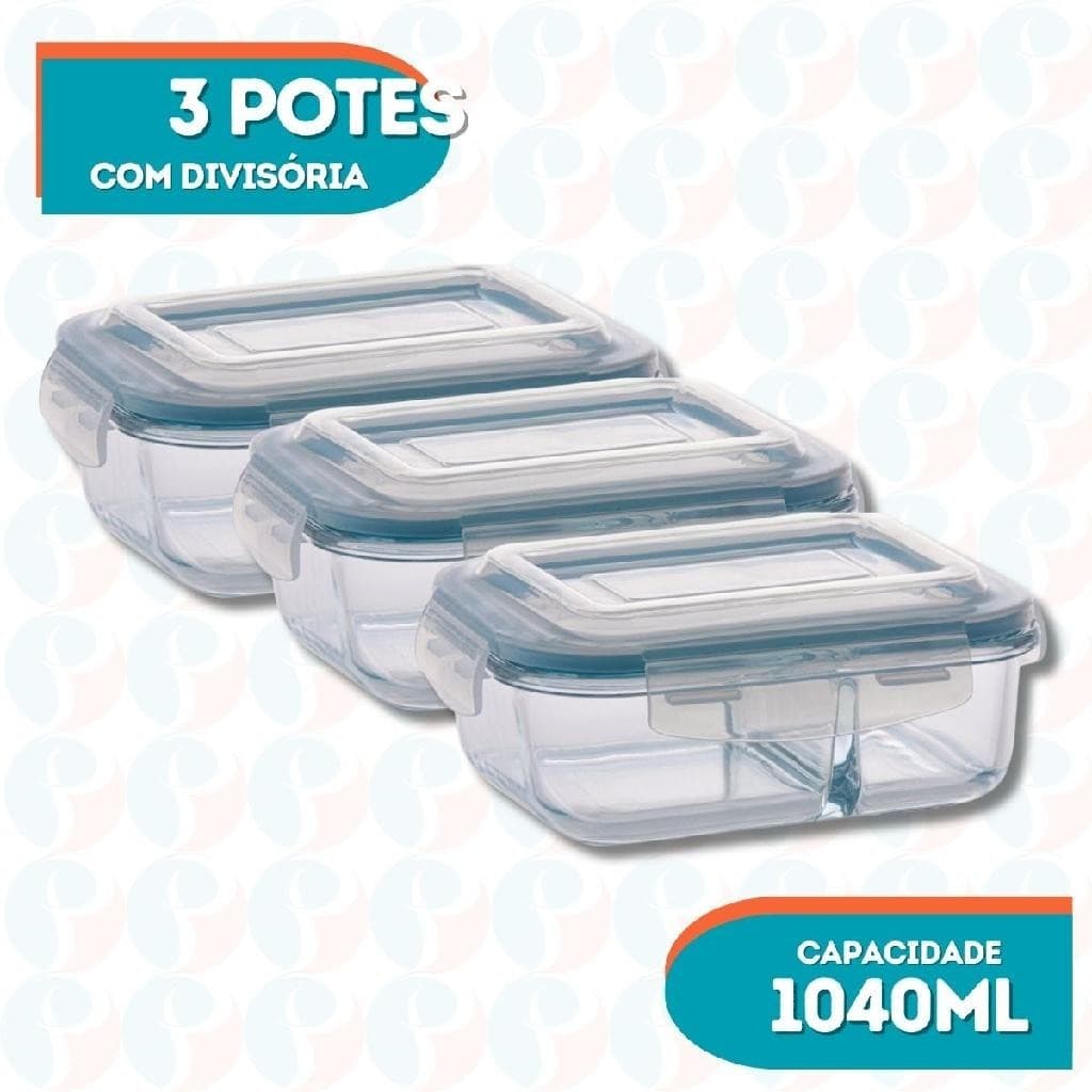 Kit 3 Pote Vidro Hemertico Organizador - C/ Divisoria 1040ml