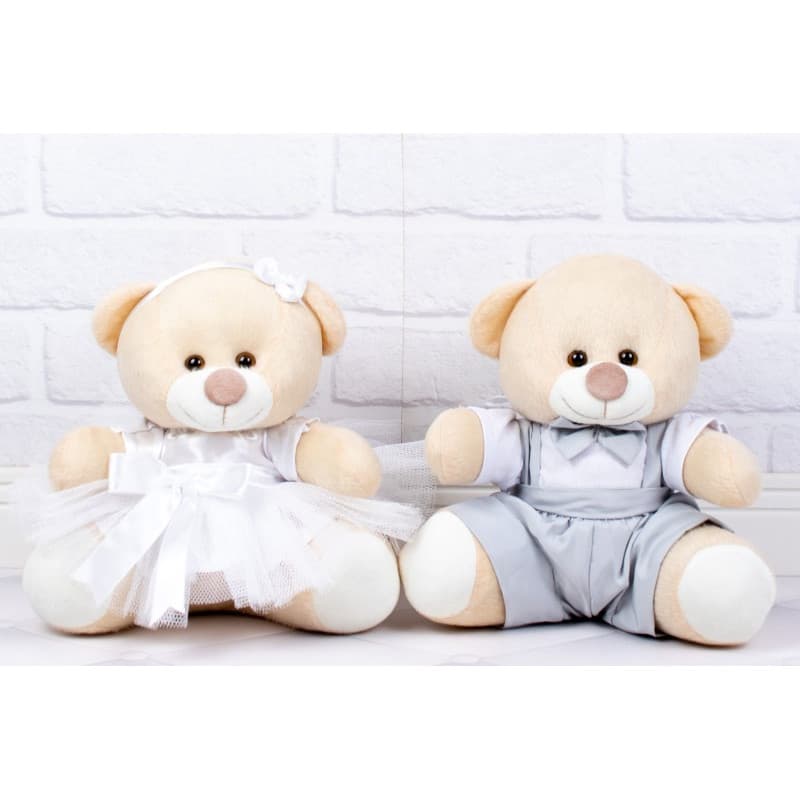 Casal Ursos Tedde 15 Cm Pajem Cinza, Daminha Branca - 2 Pçs