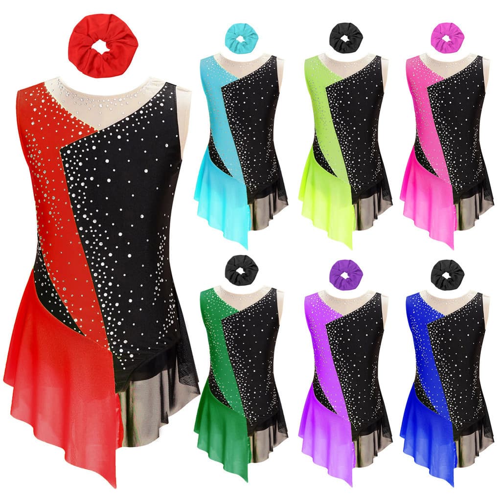 MSemis Crianças Meninas Patinação Artística Dança Roupa Brilhante Strass Cor Bloco Collant Pura Malha Retalhos Sem Manga