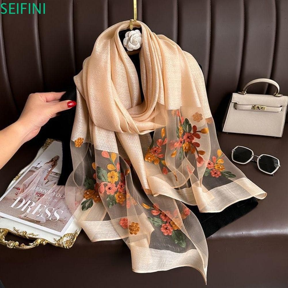 SEIFINI Lenço De Seda De Luxo , Bordado De Flores , Xales Hijab Femininos Macios E Finos , Renda Brilhante Grande Foular