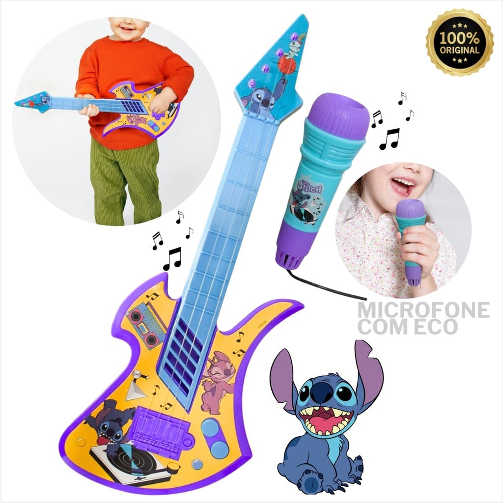 Conjunto Guitarra + Microfone Stitch Musical Voz Corda Disney Infantil