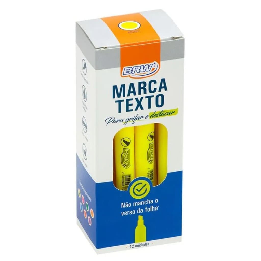 MARCA TEXTO FLUORESCENTE COR AMARELO CX 12 UN DESTACAR E GRIFAR TEXTO - BRW