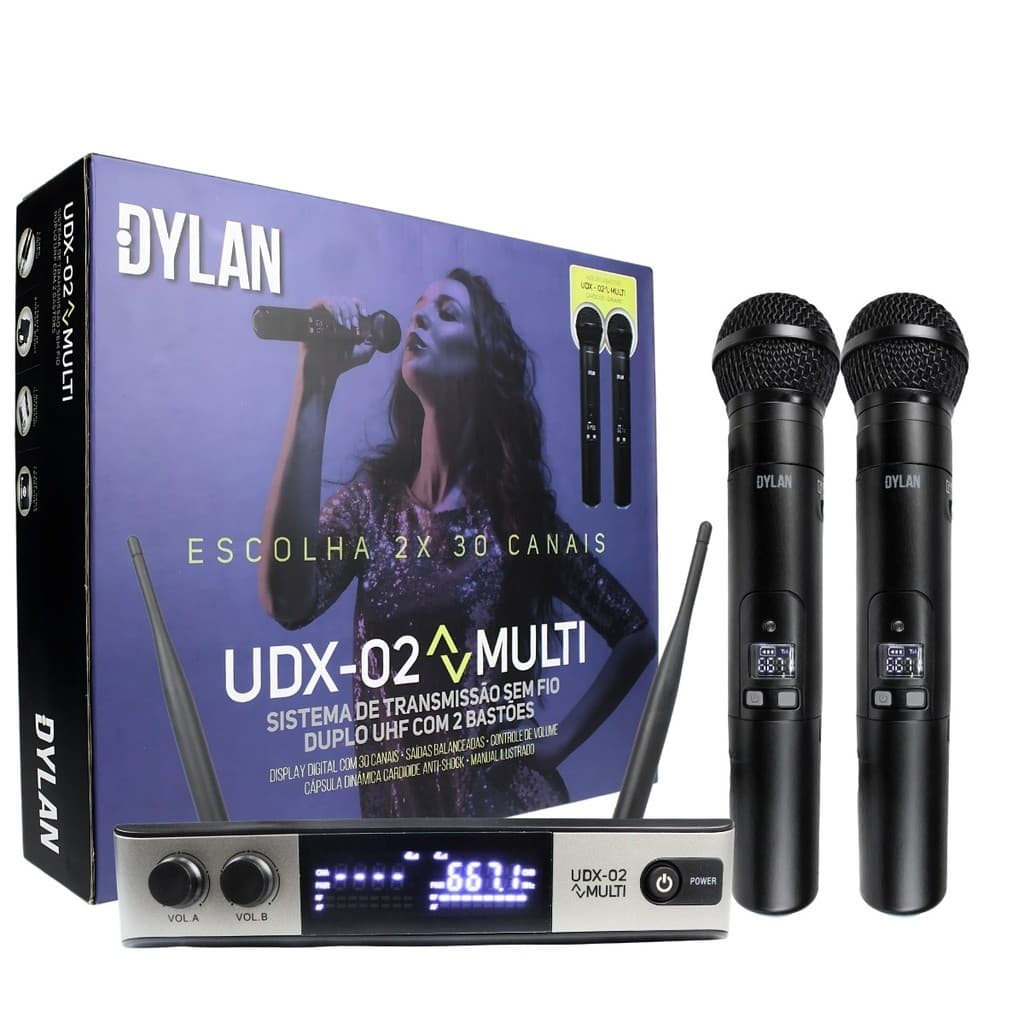 Microfone Sem Fio Duplo Dylan Udx02 Multi Dinâmico Cardioide