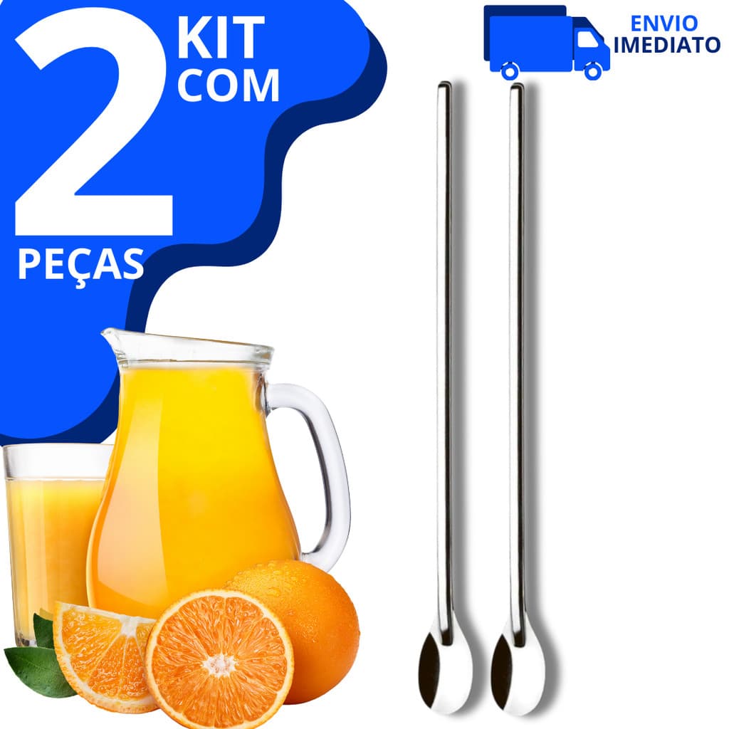 Kit 2 Colher Bailarina Para Suco Drinks Em Aço Inox 30cm Grande