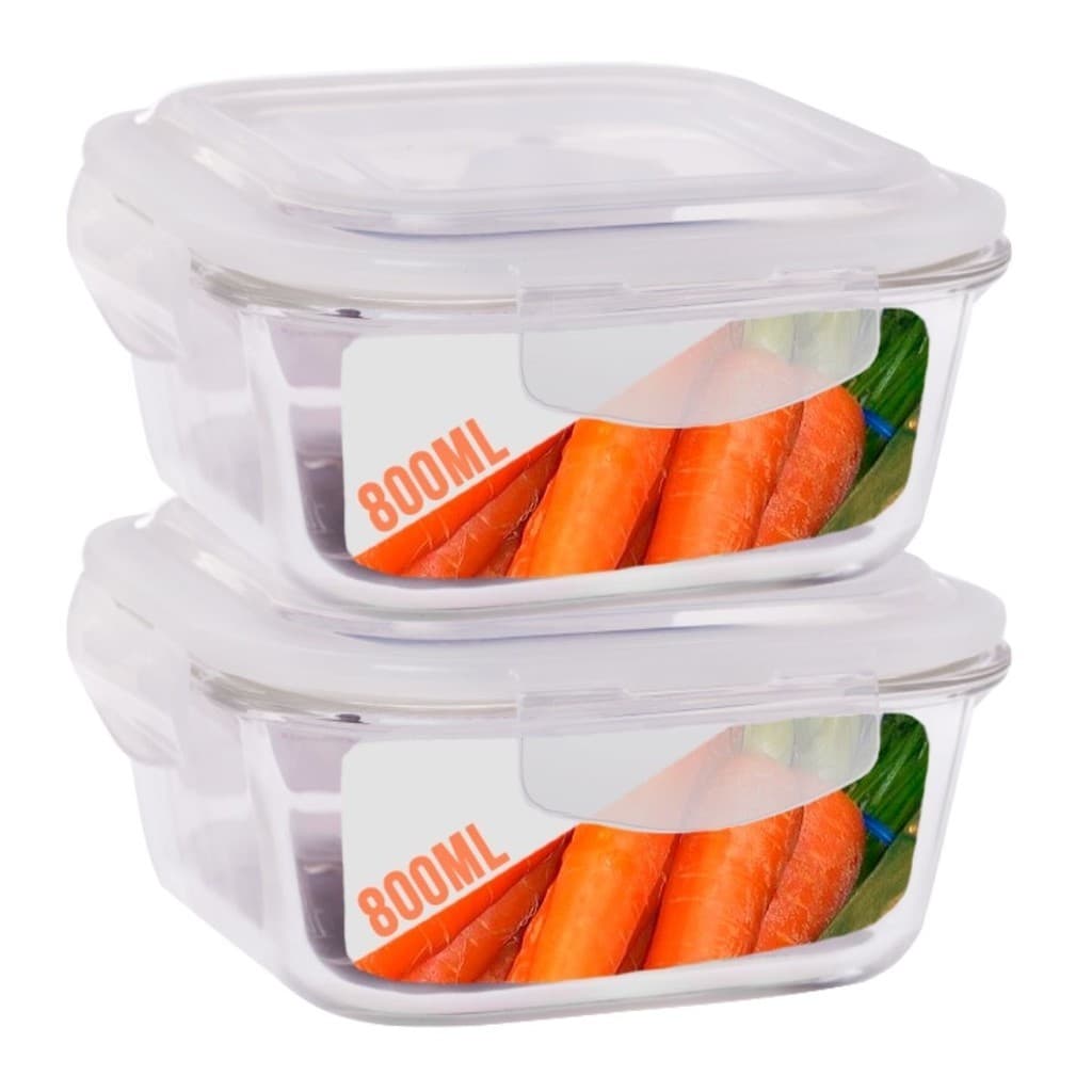 2 Pote 800ml Vidro Marmita Fitness Tampa 4 Trava Hermético