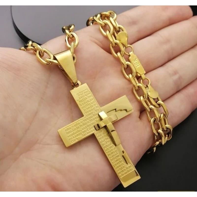 Corrente Cordão Masculino aco inox Banhado 18k Cruz 3 D