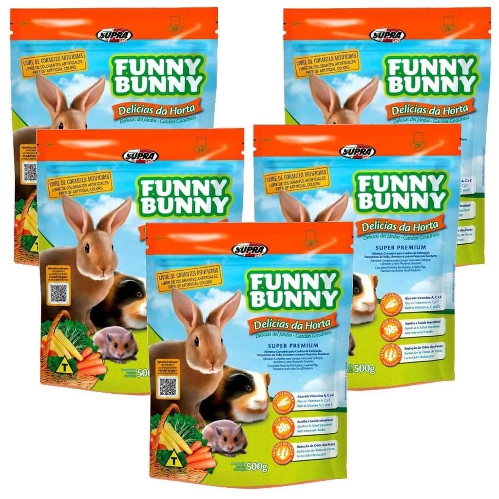 Ração Para Coelhos, Hamster e Porquinhos da India Funny Bunny Delicias da Horta 500g Kit 5 Un