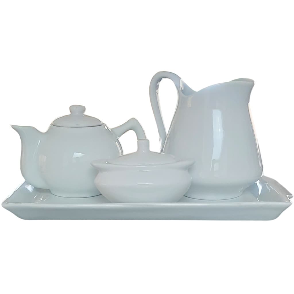 Jogo Café e Chá, Bandeja + Bule Chaleira 400ml + Açucareiro barquinha 100ml + Jarra Leiteira 740ml - Kit Porcelana Branc