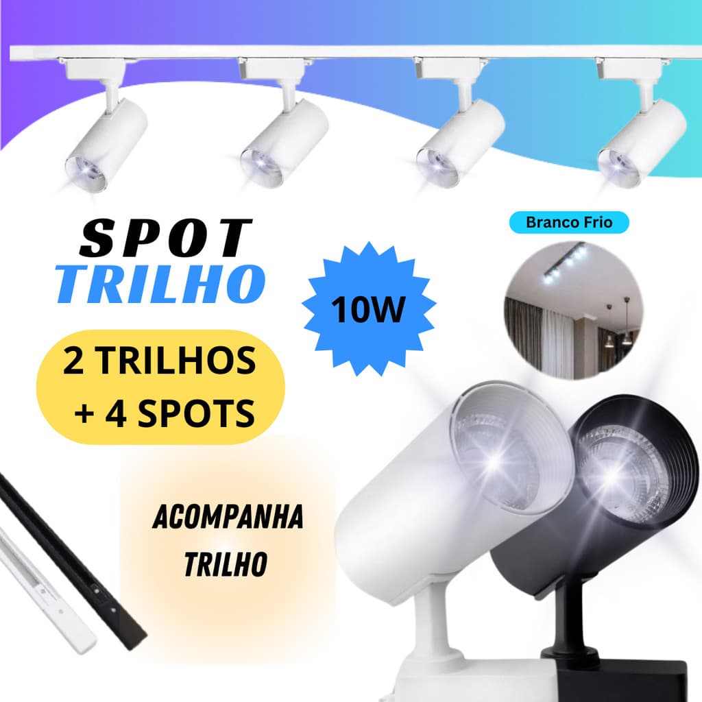 Kit Trilho Eletrificado 10W SPOT BRANCO e LED Branco FRIO com 2 Trilhos/ 4 Spots COZINHA LOJA SALA