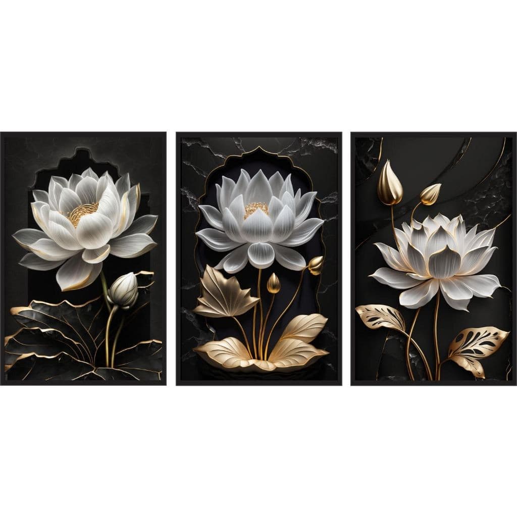 Quadro decorativo para salas e quartos lótus brancas do fundo preto 3 peças n069