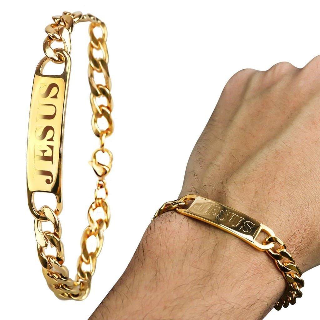 Pulseira masculina ouro aço jesus cristo qualidade premium presente inoxidável