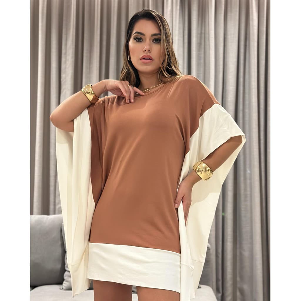 Vestido Kaftan Amplo Bata Bicolor Manga Morcego Túnica Saída de Praia em Viscolycra Premium Elegante