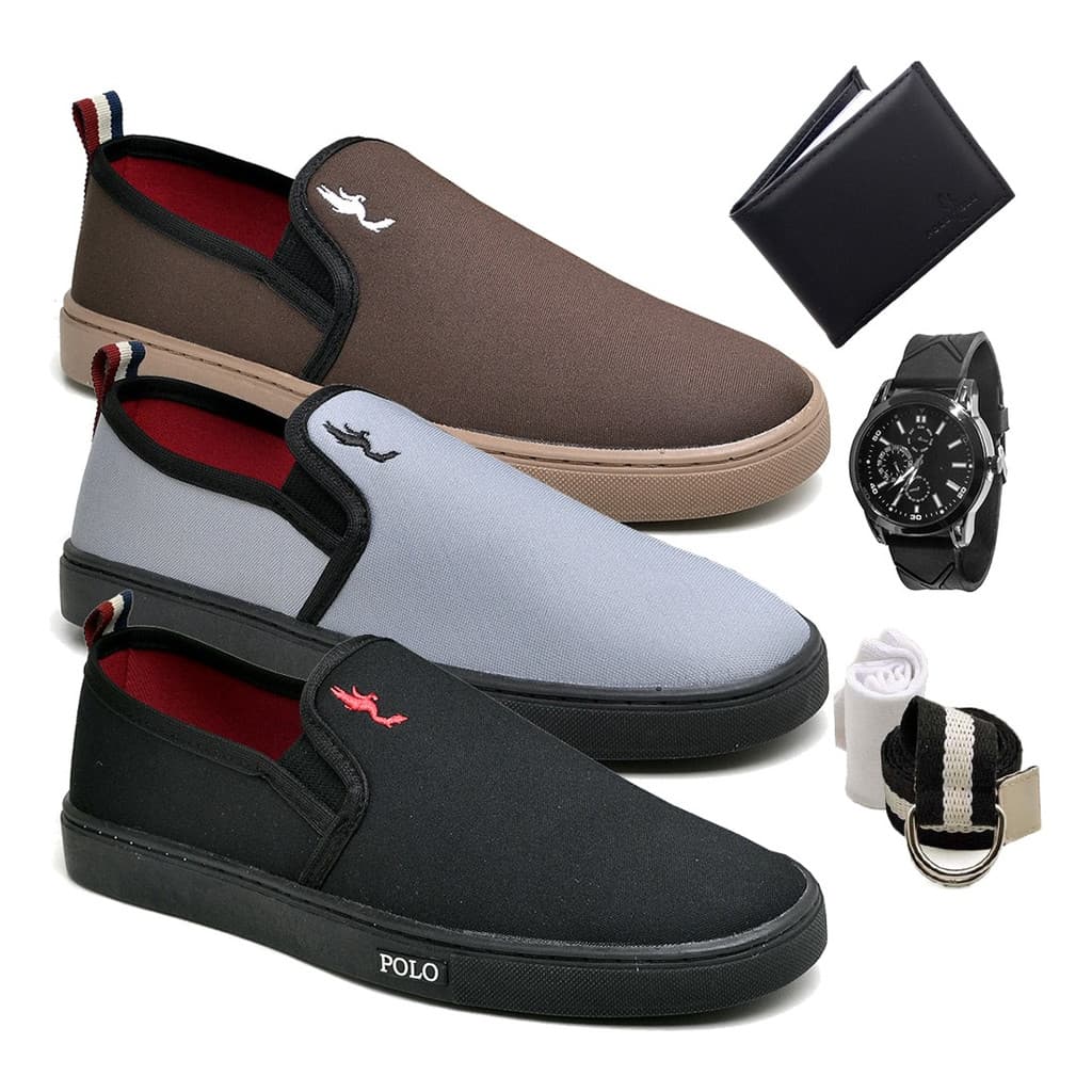 Kit 3 Pares Slip On Masculino Tenis Mocassim + Carteira + Relogio + Meia + Cinto