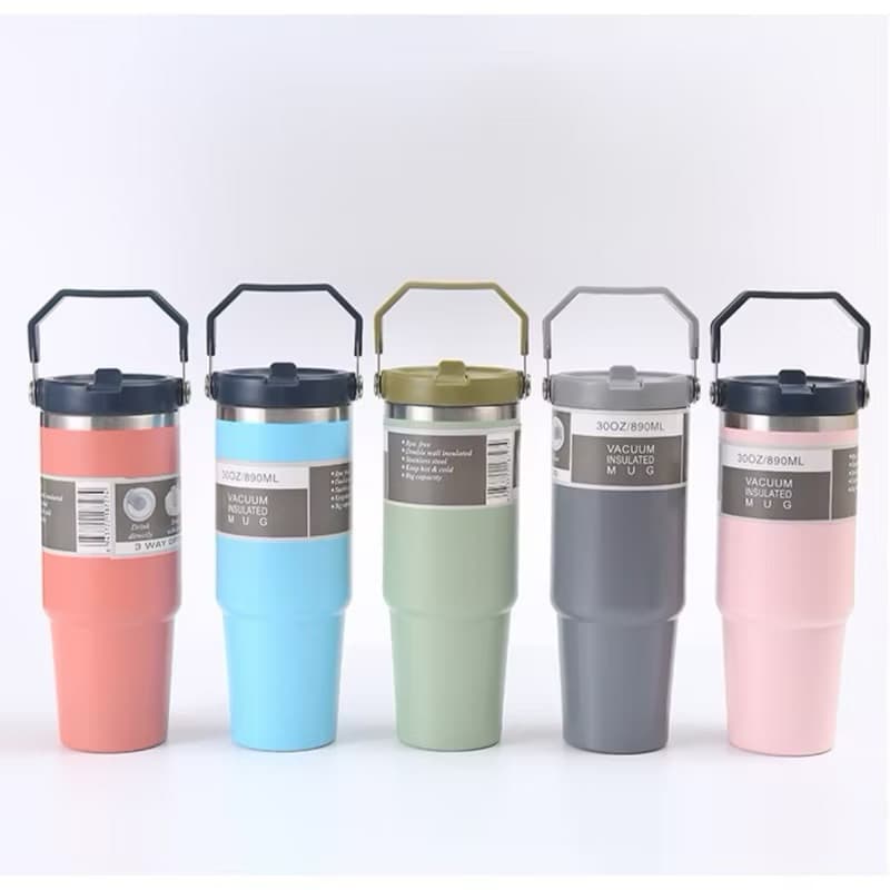 Garrafa Térmica 600ML Com Alça Flip Tumbl Aço Inoxidável Isolamento Térmico Com Canudo P/Academia Trabalho Caminhada