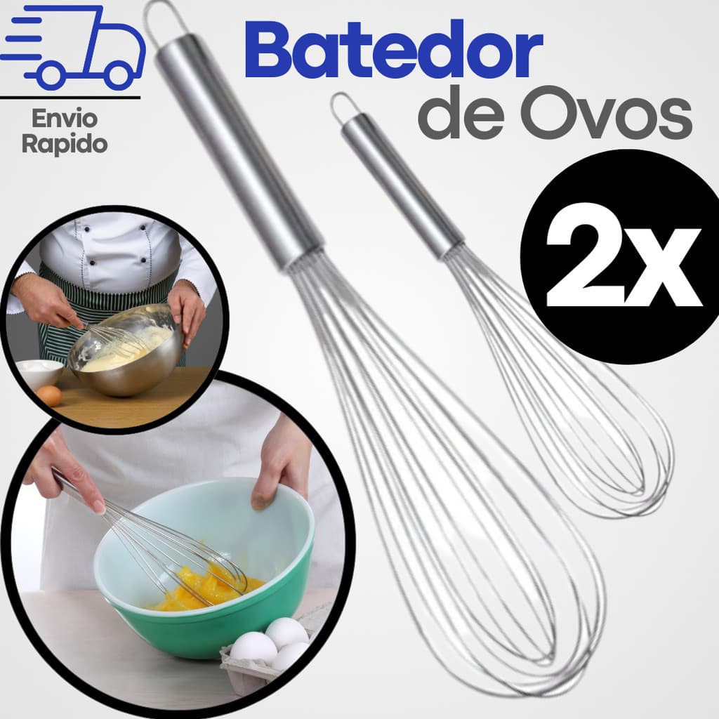 Batedor De Ovos e Massas Em Aço Inox Fouet Fue Profissional Mixer Manual 30cm Kit 2 Unidades
