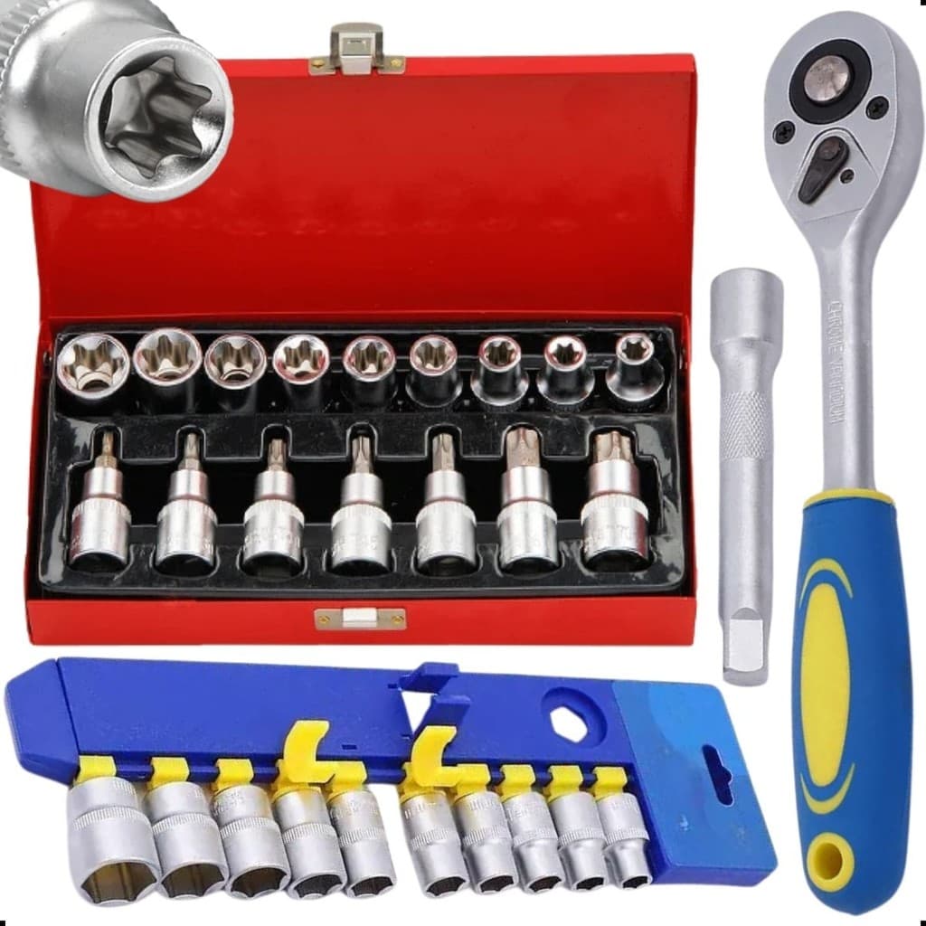 Jogo Soquete Sextavado Catraca Bits Torx Macho Femea Profissional Tapeceiro Automotivo 28Pç 1/2Pol